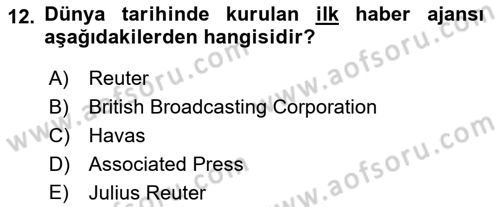 Türk Basın Tarihi Dersi 2021 - 2022 Yılı (Vize) Ara Sınavı 12. Soru