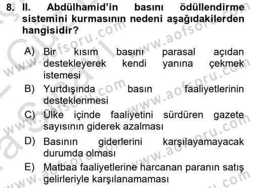 Türk Basın Tarihi Dersi 2021 - 2022 Yılı (Vize) Ara Sınavı 8. Soru