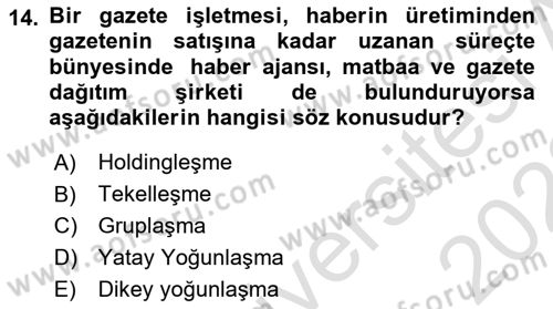 Türk Basın Tarihi Dersi 2021 - 2022 Yılı (Final) Dönem Sonu Sınavı 14. Soru