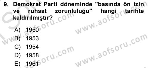 Türk Basın Tarihi Dersi 2021 - 2022 Yılı (Final) Dönem Sonu Sınavı 9. Soru