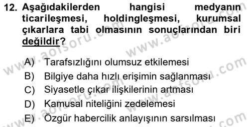 Türk Basın Tarihi Dersi 2021 - 2022 Yılı Yaz Okulu Sınavı 12. Soru