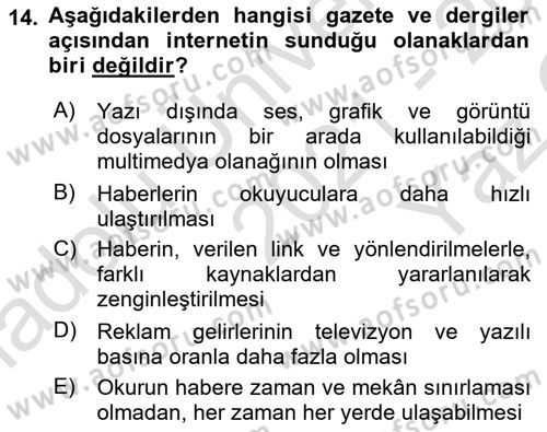 Türk Basın Tarihi Dersi 2021 - 2022 Yılı Yaz Okulu Sınavı 14. Soru