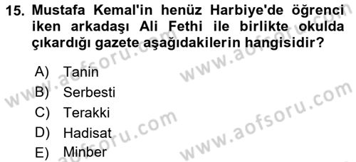 Türk Basın Tarihi Dersi 2021 - 2022 Yılı Yaz Okulu Sınavı 15. Soru