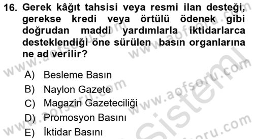 Türk Basın Tarihi Dersi 2021 - 2022 Yılı Yaz Okulu Sınavı 16. Soru