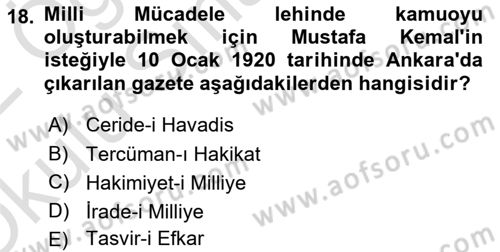 Türk Basın Tarihi Dersi 2021 - 2022 Yılı Yaz Okulu Sınavı 18. Soru