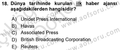 Türk Basın Tarihi Dersi 2022 - 2023 Yılı (Vize) Ara Sınavı 18. Soru