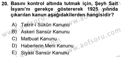 Türk Basın Tarihi Dersi 2022 - 2023 Yılı (Vize) Ara Sınavı 20. Soru