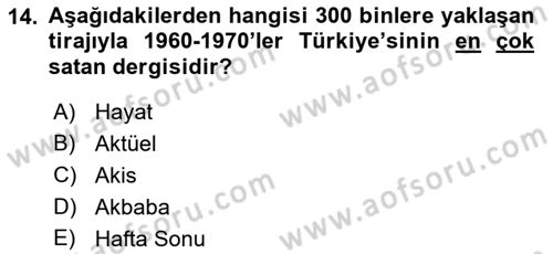 Türk Basın Tarihi Dersi 2022 - 2023 Yılı (Final) Dönem Sonu Sınavı 14. Soru