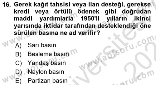 Türk Basın Tarihi Dersi 2022 - 2023 Yılı (Final) Dönem Sonu Sınavı 16. Soru