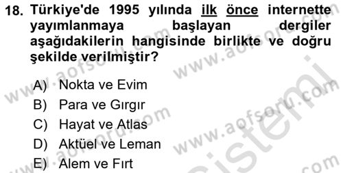 Türk Basın Tarihi Dersi 2022 - 2023 Yılı (Final) Dönem Sonu Sınavı 18. Soru