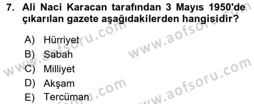 Türk Basın Tarihi Dersi 2022 - 2023 Yılı (Final) Dönem Sonu Sınavı 7. Soru