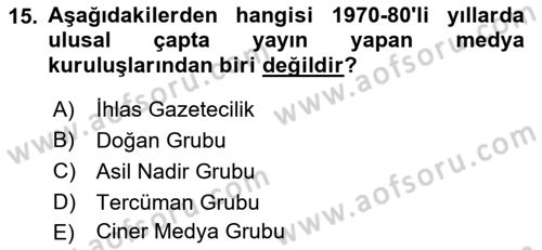 Türk Basın Tarihi Dersi 2022 - 2023 Yılı Yaz Okulu Sınavı 15. Soru