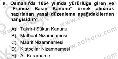 Türk Basın Tarihi Dersi 2022 - 2023 Yılı Yaz Okulu Sınavı 5. Soru