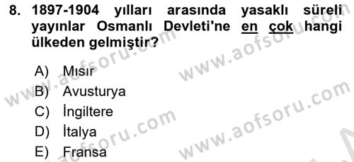 Türk Basın Tarihi Dersi 2022 - 2023 Yılı Yaz Okulu Sınavı 8. Soru