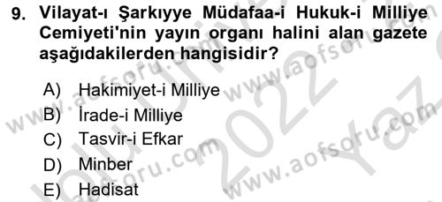 Türk Basın Tarihi Dersi 2022 - 2023 Yılı Yaz Okulu Sınavı 9. Soru