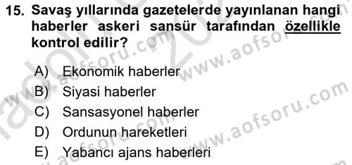 Türk Basın Tarihi Dersi 2023 - 2024 Yılı (Vize) Ara Sınavı 15. Soru