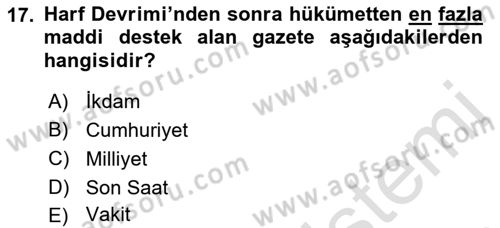 Türk Basın Tarihi Dersi 2023 - 2024 Yılı (Vize) Ara Sınavı 17. Soru