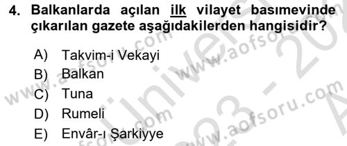 Türk Basın Tarihi Dersi 2023 - 2024 Yılı (Vize) Ara Sınavı 4. Soru