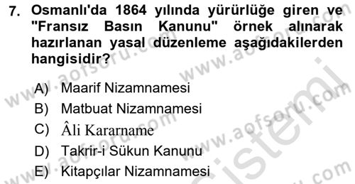 Türk Basın Tarihi Dersi 2023 - 2024 Yılı (Vize) Ara Sınavı 7. Soru