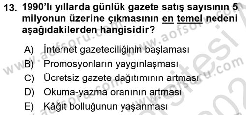 Türk Basın Tarihi Dersi 2023 - 2024 Yılı (Final) Dönem Sonu Sınavı 13. Soru