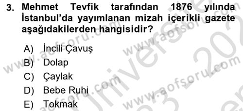 Türk Basın Tarihi Dersi 2023 - 2024 Yılı (Final) Dönem Sonu Sınavı 3. Soru