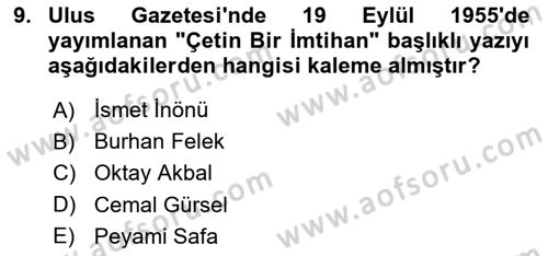 Türk Basın Tarihi Dersi 2023 - 2024 Yılı (Final) Dönem Sonu Sınavı 9. Soru