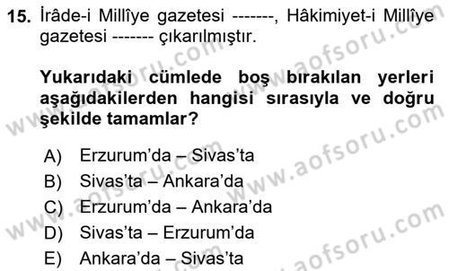 Türk Basın Tarihi Dersi 2024 - 2025 Yılı (Vize) Ara Sınavı 15. Soru