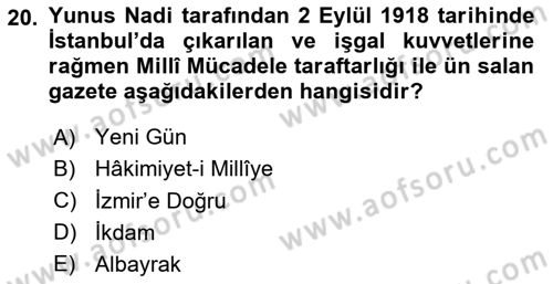 Türk Basın Tarihi Dersi 2024 - 2025 Yılı (Vize) Ara Sınavı 20. Soru