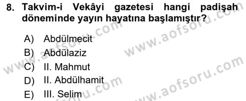 Türk Basın Tarihi Dersi 2024 - 2025 Yılı (Vize) Ara Sınavı 8. Soru