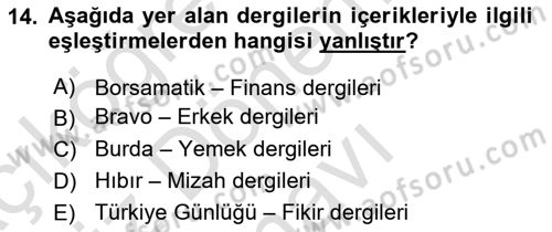 Türk Basın Tarihi Dersi 2024 - 2025 Yılı (Final) Dönem Sonu Sınav Soruları 14. Soru