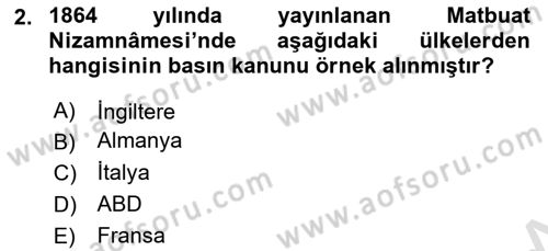Türk Basın Tarihi Dersi 2024 - 2025 Yılı (Final) Dönem Sonu Sınav Soruları 2. Soru