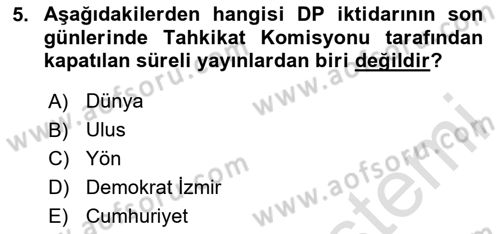 Türk Basın Tarihi Dersi 2024 - 2025 Yılı (Final) Dönem Sonu Sınav Soruları 5. Soru