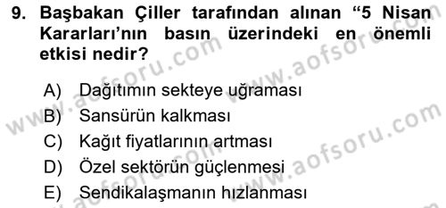 Türk Basın Tarihi Dersi 2024 - 2025 Yılı (Final) Dönem Sonu Sınav Soruları 9. Soru
