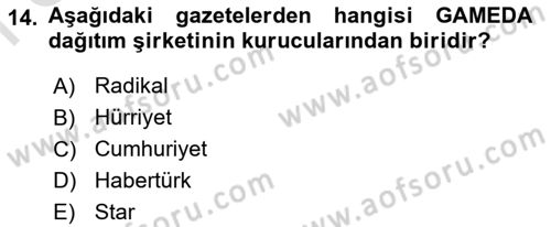 Türk Basın Tarihi Dersi 2025 - 2026 Yılı (Final) Dönem Sonu Sınav Soruları 14. Soru