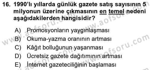 Türk Basın Tarihi Dersi 2025 - 2026 Yılı (Final) Dönem Sonu Sınav Soruları 16. Soru