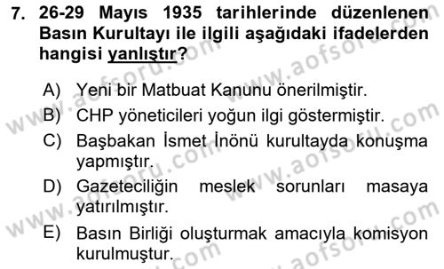Türk Basın Tarihi Dersi 2025 - 2026 Yılı (Final) Dönem Sonu Sınav Soruları 7. Soru