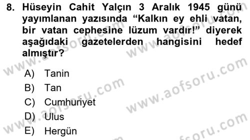 Türk Basın Tarihi Dersi 2025 - 2026 Yılı (Final) Dönem Sonu Sınav Soruları 8. Soru