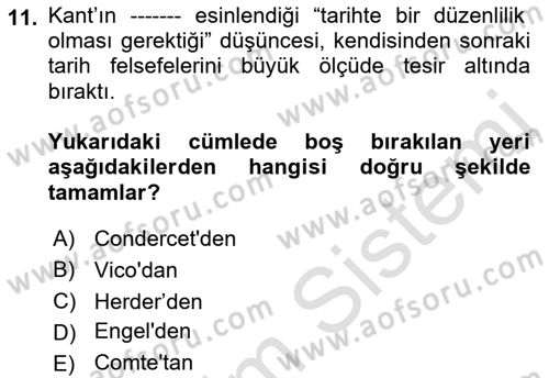 Tarih Felsefesi Dersi 2022 - 2023 Yılı Yaz Okulu Sınav Soruları 11. Soru