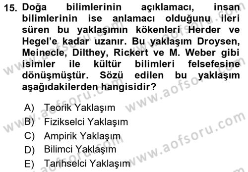 Tarih Felsefesi Dersi 2022 - 2023 Yılı Yaz Okulu Sınav Soruları 15. Soru