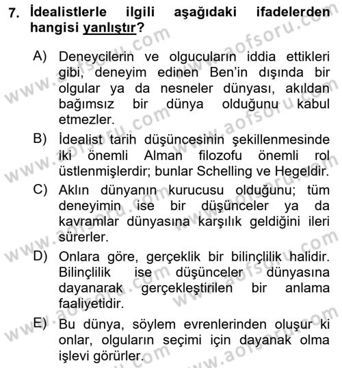 Tarih Felsefesi Dersi 2022 - 2023 Yılı Yaz Okulu Sınav Soruları 7. Soru