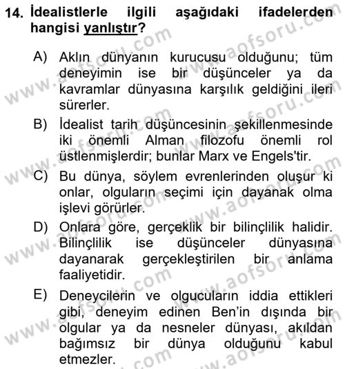 Tarih Felsefesi Dersi Ara Sınavı Deneme Sınav Soruları 14. Soru
