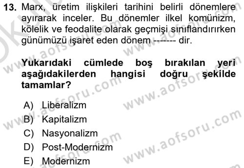 Tarih Felsefesi Dersi 2023 - 2024 Yılı Yaz Okulu Sınav Soruları 13. Soru
