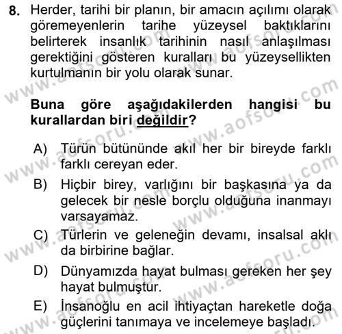Tarih Felsefesi Dersi 2023 - 2024 Yılı Yaz Okulu Sınav Soruları 8. Soru