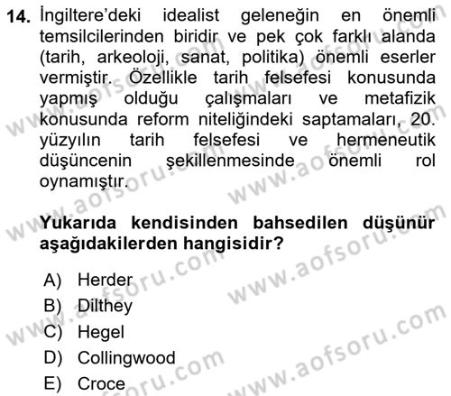 Tarih Felsefesi Dersi 2024 - 2025 Yılı (Vize) Ara Sınav Soruları 14. Soru