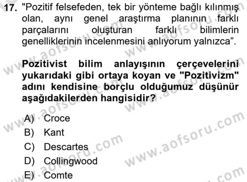 Tarih Felsefesi Dersi 2024 - 2025 Yılı (Vize) Ara Sınav Soruları 17. Soru
