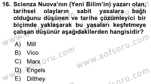 Tarih Felsefesi Dersi 2025 - 2026 Yılı (Vize) Ara Sınav Soruları 16. Soru
