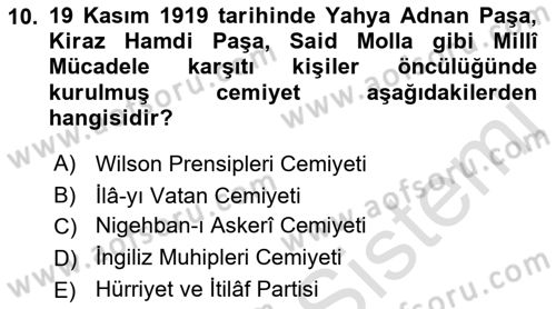 Milli Mücadele Tarihi Dersi 2022 - 2023 Yılı Yaz Okulu Sınavı 10. Soru