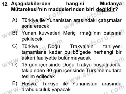 Milli Mücadele Tarihi Dersi 2022 - 2023 Yılı Yaz Okulu Sınavı 12. Soru