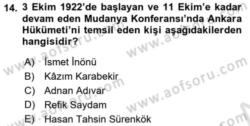 Milli Mücadele Tarihi Dersi 2022 - 2023 Yılı Yaz Okulu Sınavı 14. Soru