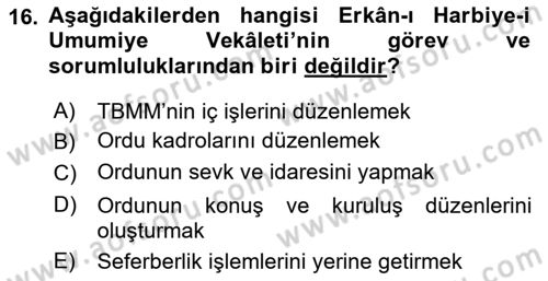 Milli Mücadele Tarihi Dersi 2022 - 2023 Yılı Yaz Okulu Sınavı 16. Soru